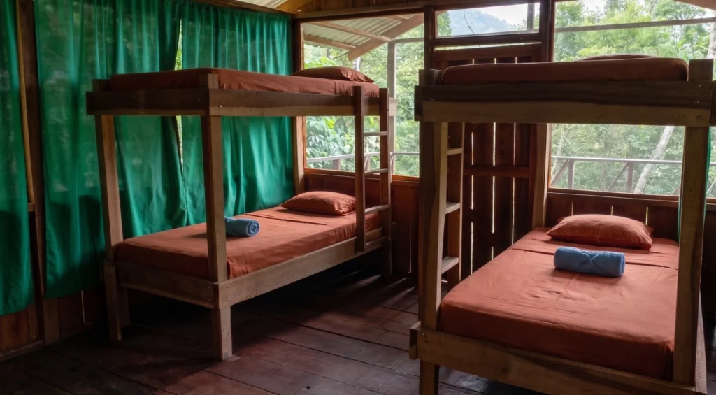 eco-friendly cabin interior with bunk beds and green curtains