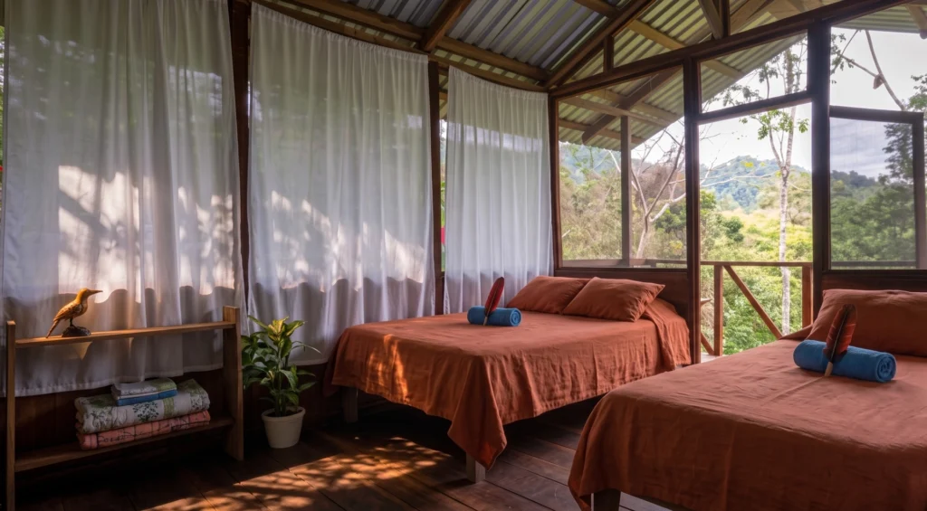 Pacuare River Ecolodge room with two beds and forest view