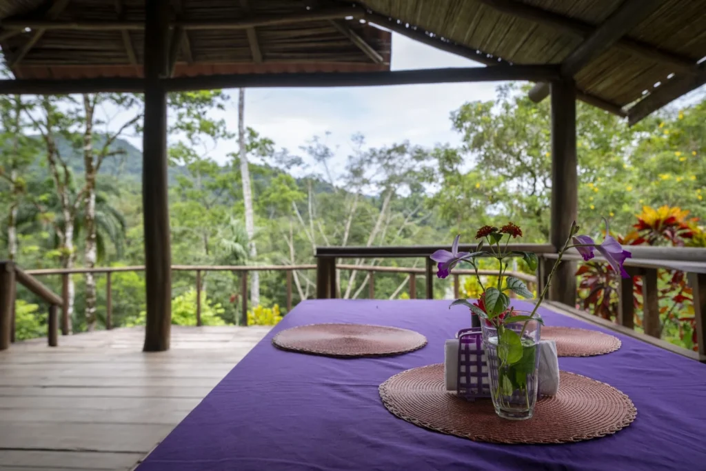 Pacuare River Ecolodge dining area with forest view, purple tablecloth.