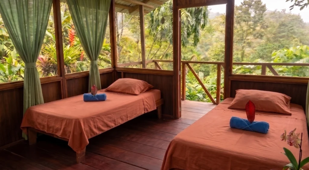 Pacuare River Ecolodge twin beds with forest view