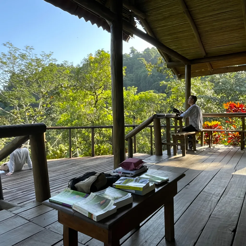 Pacuare River Ecolodge deck with person enjoying forest view