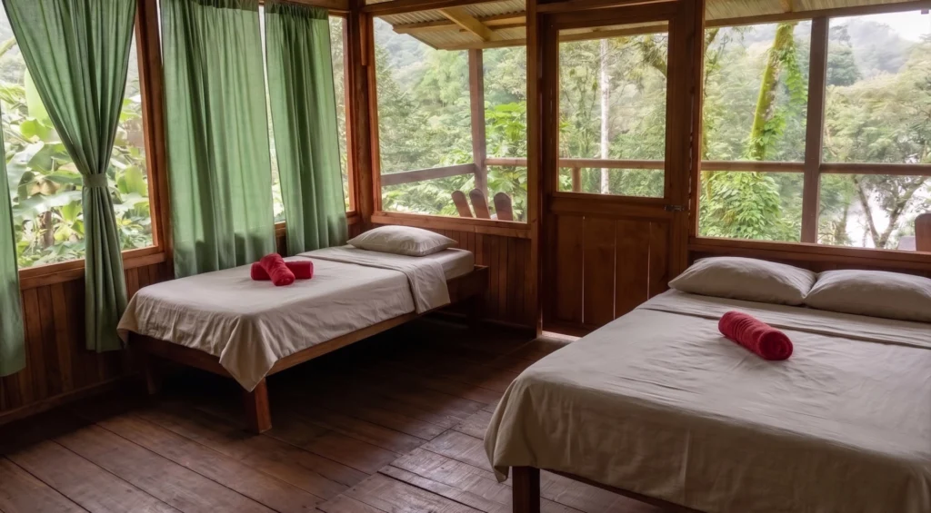 Pacuare River Ecolodge room with two beds and forest view