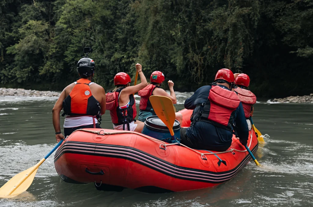 rafting adventure group paddling river lush forest