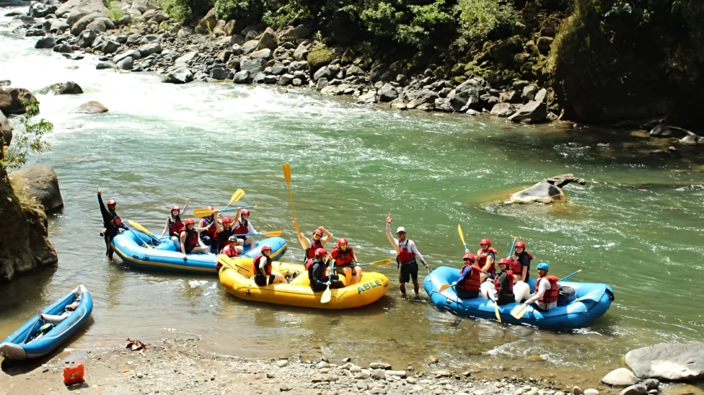 rafting group on Pacuare River in colorful rafts